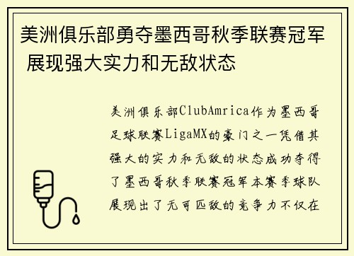 美洲俱乐部勇夺墨西哥秋季联赛冠军 展现强大实力和无敌状态